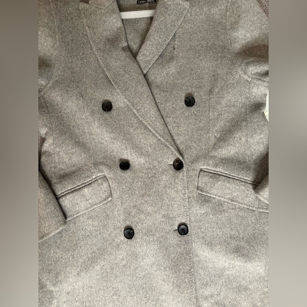 Simons Recycled Wool Blend Gray Double-Breasted Long Overcoat L/XL - Picture 10 of 14